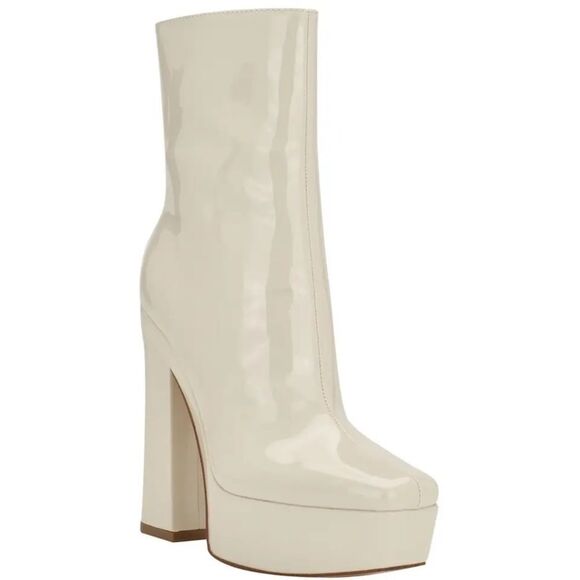 Guess Womens Byra Ivory Patent Square Toe Block Heel Mid-Calf Boots Shoes 8 New - Picture 1 of 9